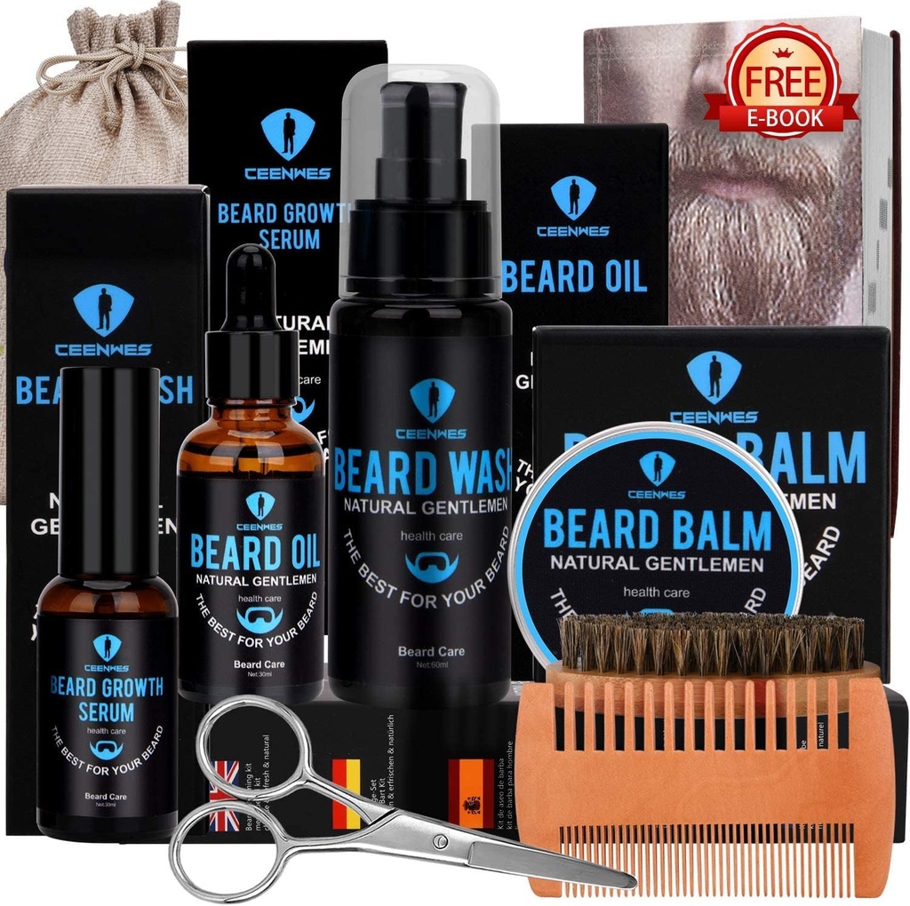 Beard Grooming Kit, Beard Kit with Beard Oil, Beard Growth Serum, Beard Wash, Beard Balm, Beard Brush, Beard Comb, Beard