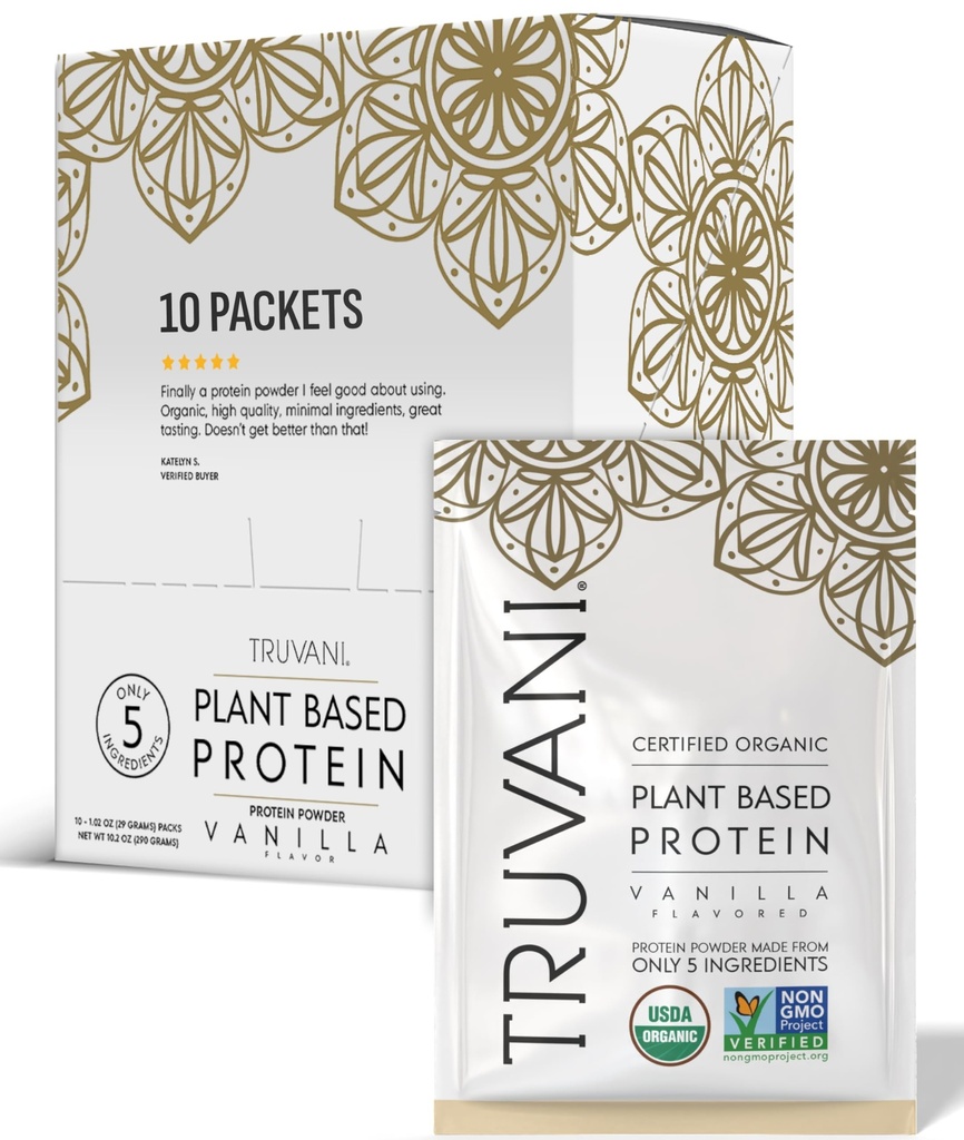 Truvani Vegan Protein Powder 124; Vanilla 124; 20g Organic Plant Based Protein 124; Single Serving Travel 12.4; 10 Servings = 124; Keto 124; Gluten & Dairy Free 124; Low Carb 14; No Ditambahkan Sugar