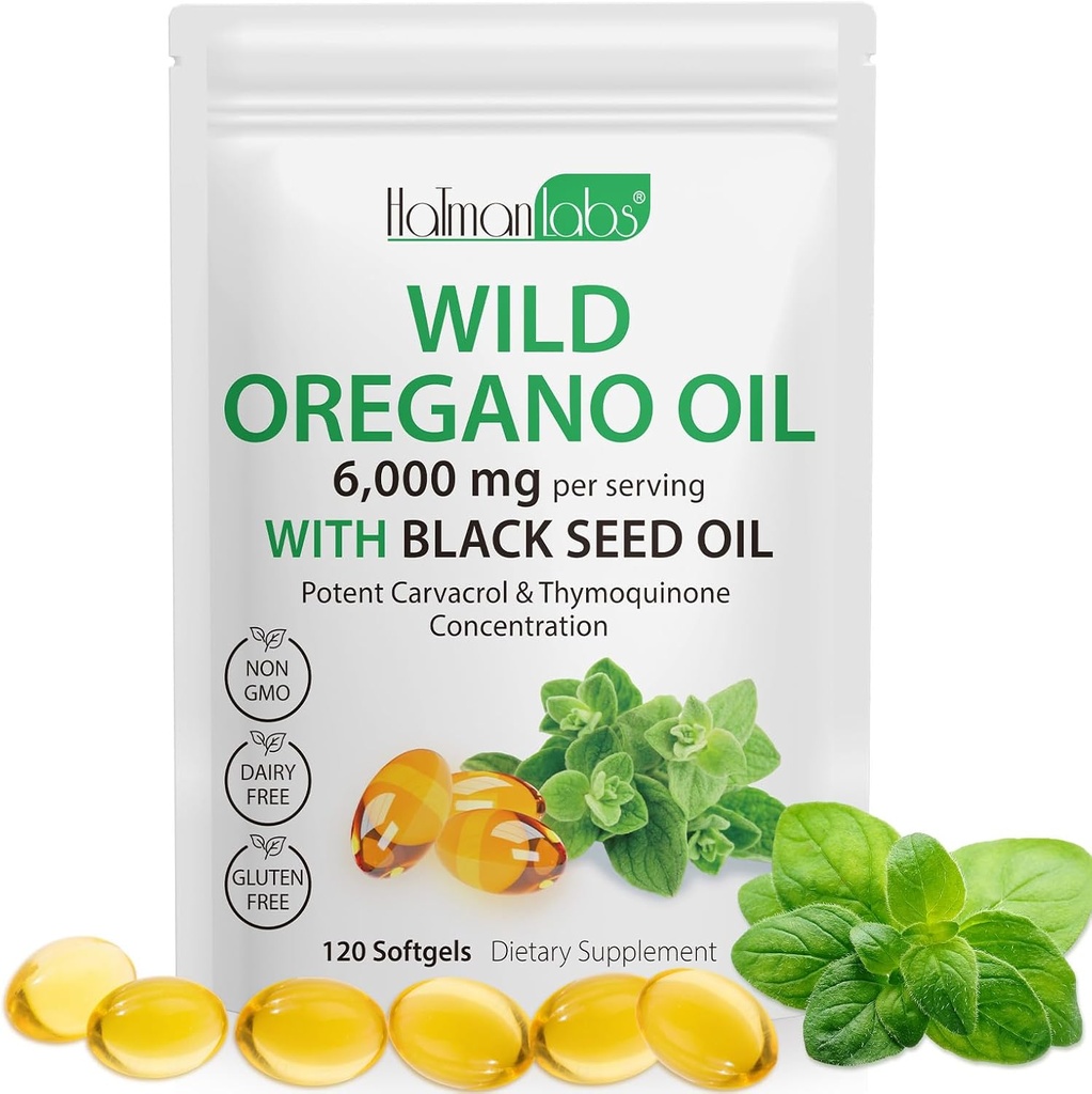 Oregano Oil Capsules, 2 in 1 6000mg Oil of Oregano with Black Seed Oil, Wild Oregano Oil Immune and Antioksidant Dukungan, Non-GMO, Gluten Free, 120 Softgeels (1 Bag)