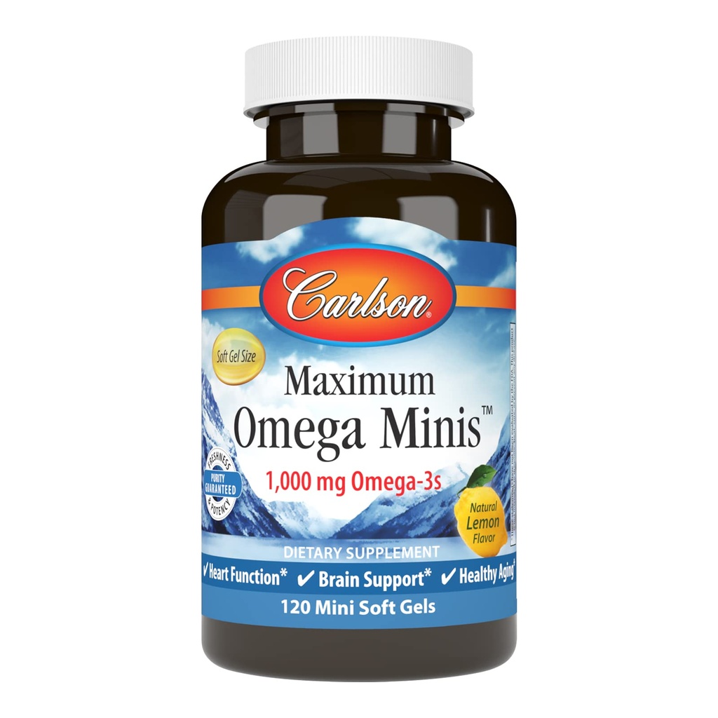 Carlson - Maksimum Omega Minis, 1000 mg Omega-3s, Fungsi Jantung, Dukungan Otak & Sehat Penuaan, Lemon, 120 Mini Softgels