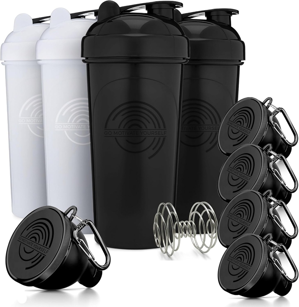 GOMOYO Fitness Bundle - 4- Pack Shaker Bottles dengan Agiator + 5- Pack Protein dengan Carabiner, BPA- Free & Dishwastaker Aman