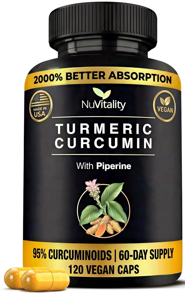 Curcumin Turmeric dengan Black Pepper Extract (Piperine) - 120 Veggie Tumeric Capsules - Premium 95% Curcuminoid - Population & Potensi Absorpsi Tinggi - Dukungan Bersama