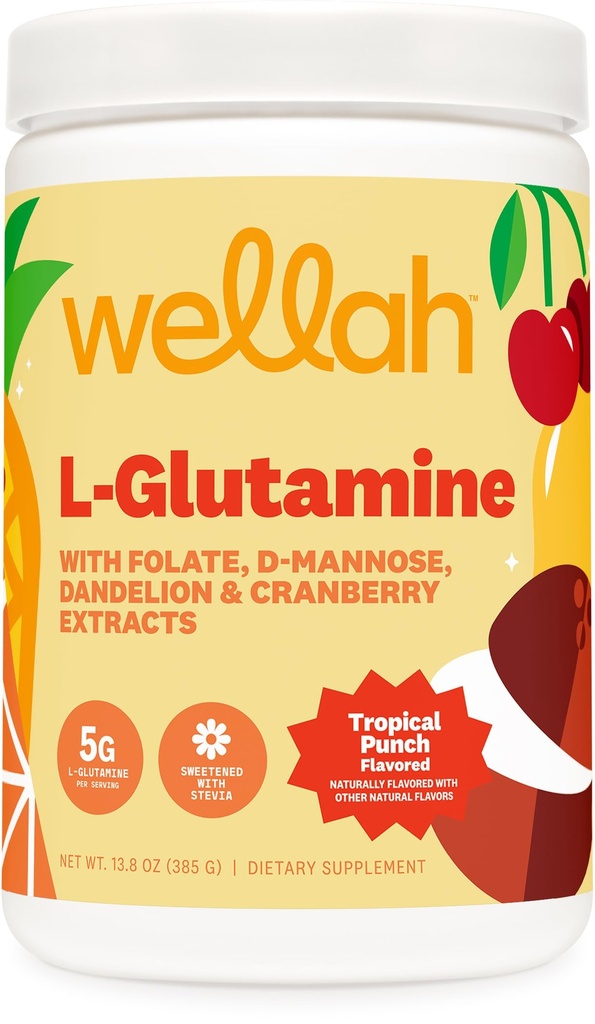 Wellah L-Glutamine Powder Tropical Punch (50 Pelayan) - 5g L- Glutamine Per Serving, Dipermanis dengan Stevia