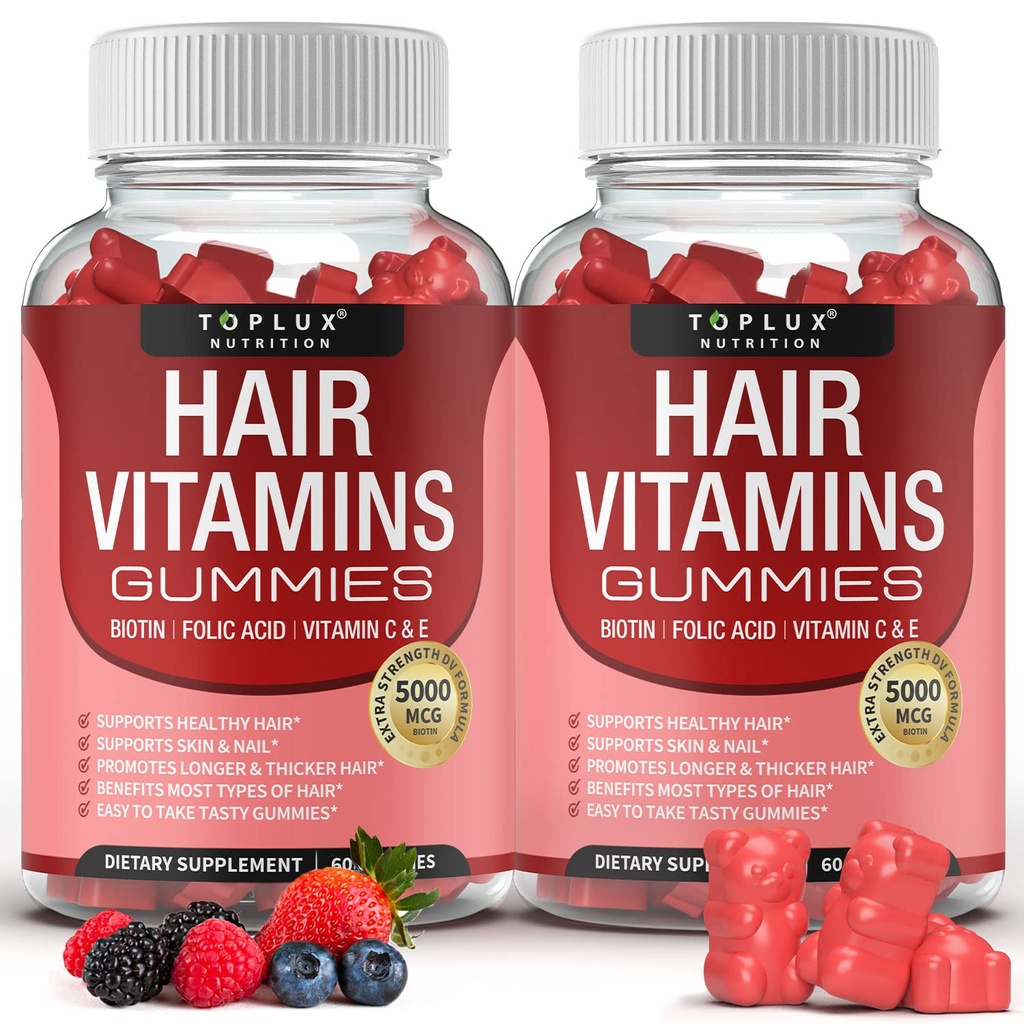 Penambahan Rambut Vitamin - Pertumbuhan Rambut Lebih Cepat Gummy 5000mcg Biotin, Acid Folic, Vitamin C & E, Dukung Lebih Kuat & Thicker Hair, Kulit, Nun-GMO, untuk Perempuan Pria, 60 Berry Flavored Gummies