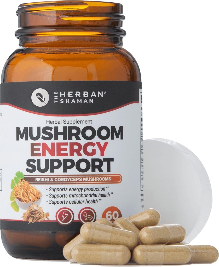 Suplemen Energi Mushroom Suppport 144; Mashroom Organik Herbal Capsules dengan Reishi, Ginkgo, Rhodiola, Maca, China Ginseng, CoQ10 + More (60 Capsules)