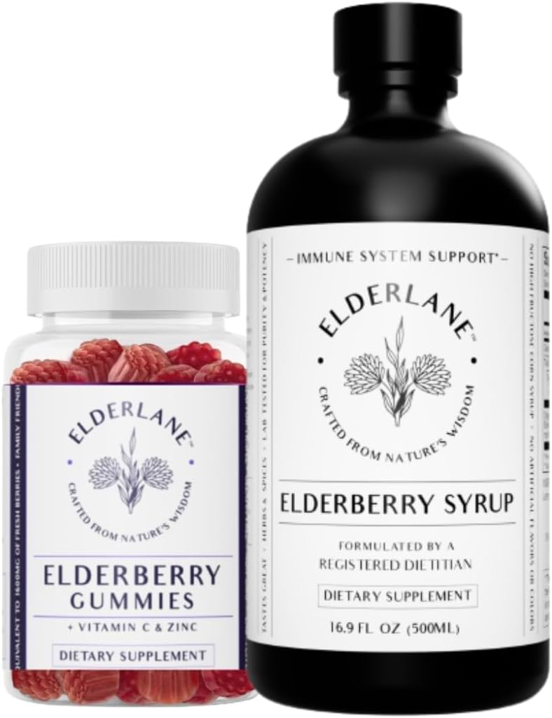 Elderlane Elderberry Syrup dan Elderberry Gummies - Forrenced RD Applials - Ammune Support Suplemen untuk Dewasa dan Anak - 16,9 Oz Syrup dan Gummies 60