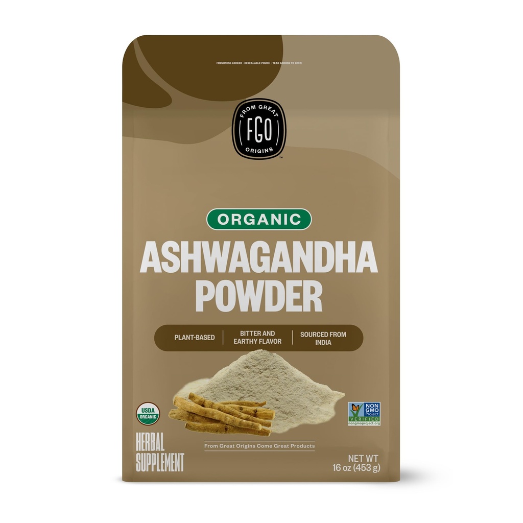 FGO Organic Ashwagandha Root Powder, 16oz Resleable Bulk Bag, None-GMO, India Ginseng, Withania Somnifera, Sourced from India (Paket 1)