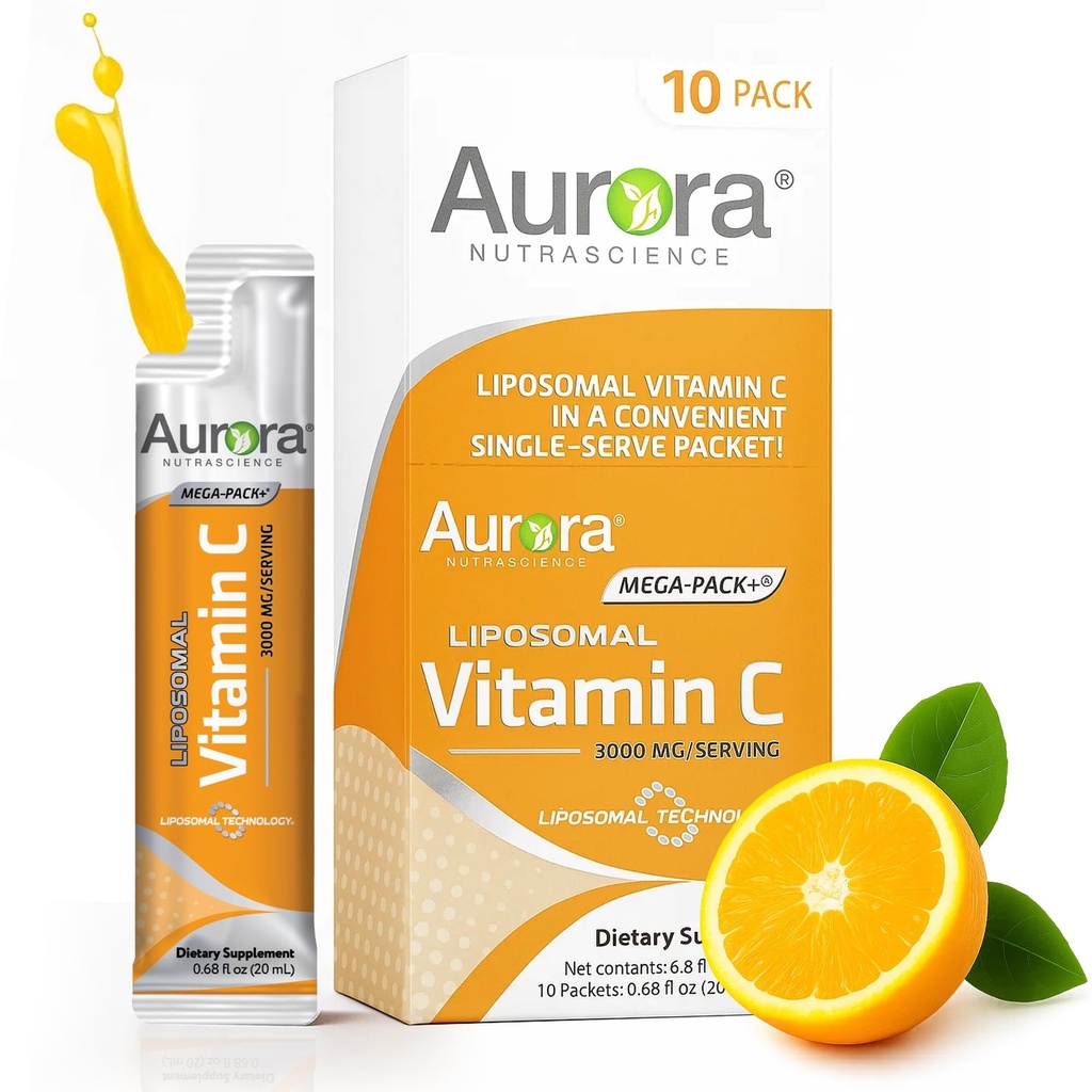 Aurora Nutrasains Mega- Pack Lipomal Vitamin C, Imune Dukungan, 3.000 mg Per Serving, Vegan, Gluten Free, Non-GMO, 10 Single Serve Packets, Orange