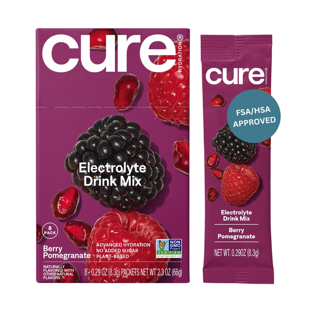 Cure Hidration 134; Plant - berbasis Electrolyte Drink Mix 124; No added Sugar 14; Dehydration Relief powder Made dengan Coconut Water 124; Nor-GMO 124; Vegan 124; Box of 8 Packets - Berry Pconuate