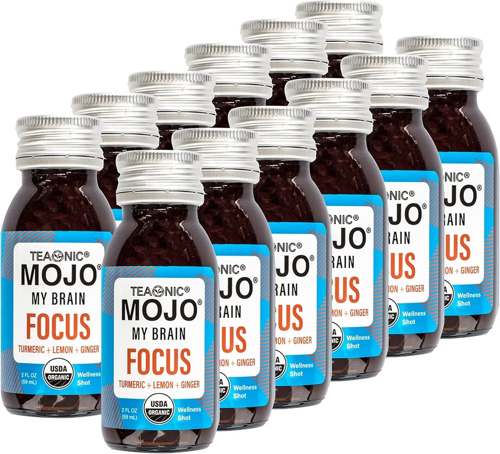 TEAONIC My Brain Mojo: Focus Wellness Shots - USDA- Sertifikasi Vegan Formula dengan Ginkgo Biloba, Ginger, Turmeric - 12 Botol x 2 Fl Oz Setiap-Gluten- Bebas, Non-GMO