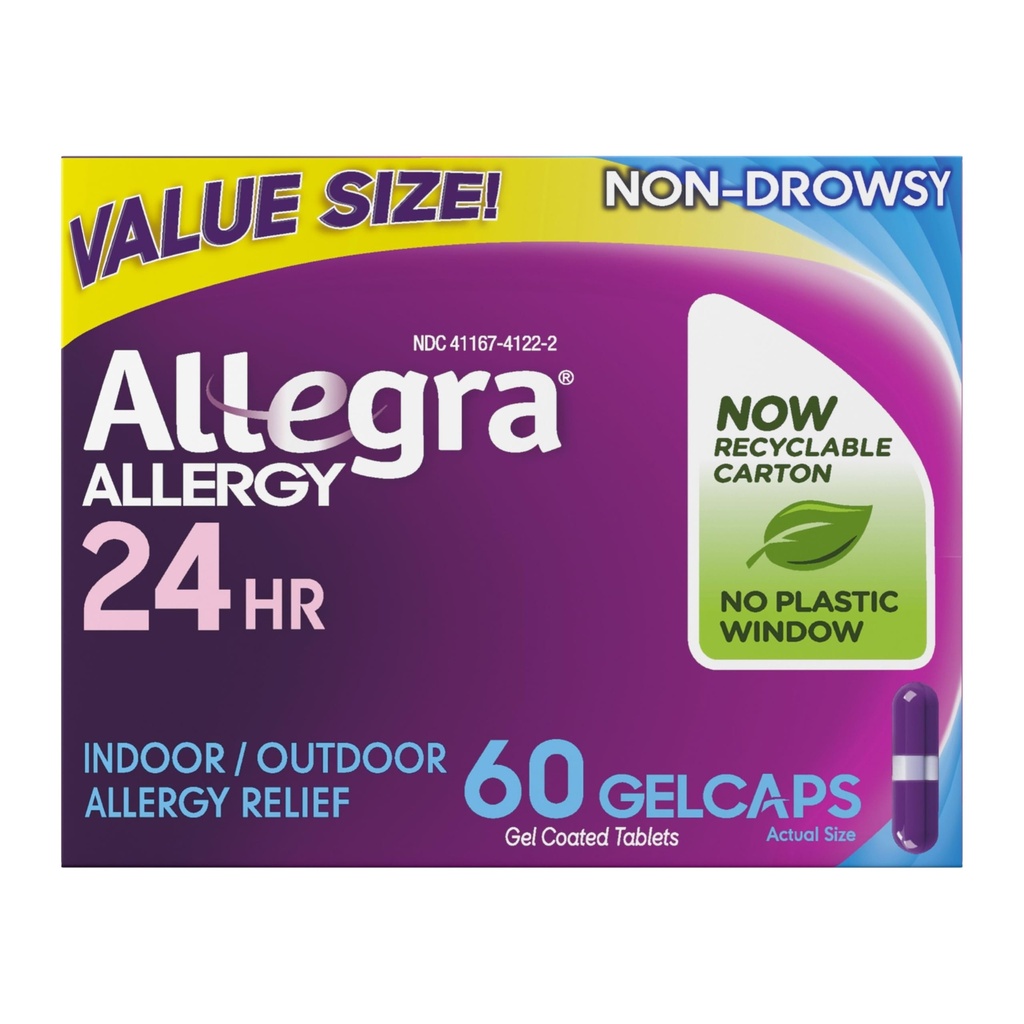 Allegra Dewasa 24 jam Gelcaps Relief Allergy, Non- Drowsy Indoor dan Outdoor Allergy Medicine, 180 mg Fexenadine HCI Antihistamin Pill, 60- Count