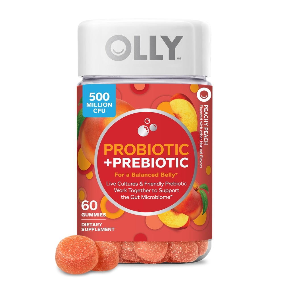 OLLY Probiotic + Prebiotic Gummy, Digetical Support and Gut Health, 500 Million CFU, Fiber, Dewasa Supplemen Pria dan Wanita, Peach, 60 Hari Pasokan - 60 Cacah