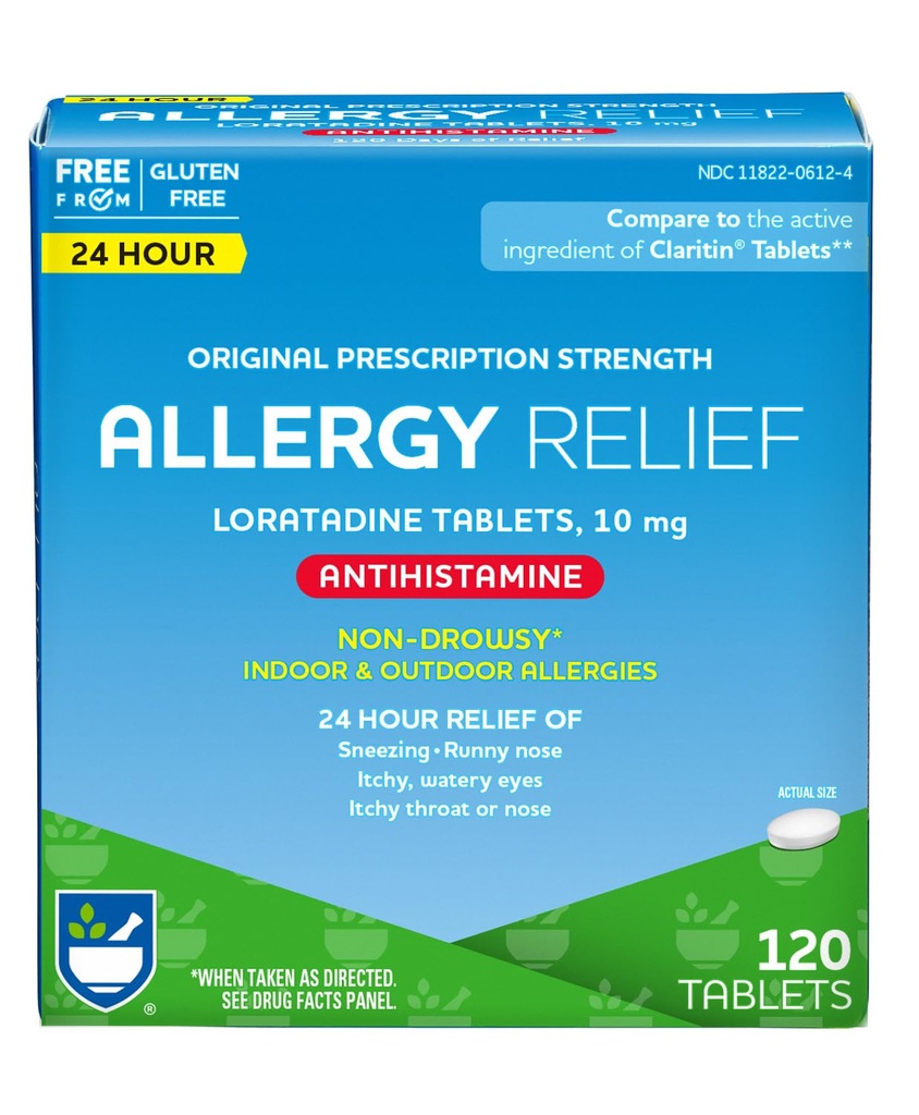 Rite Aid 24 Hour Loratadine 10 mg Relief Tablet Allergy, 10mg - 120 Count 124; Non-Drowsy Allergy Pills, Medicine