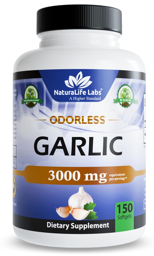Lab NaturaLife Odorless Baconlic - 3.000 mg Equalvalen per Serving - 150 Softgels - Terkonsentrasi Bawang Bulb Ekstra Minyak Zaitun - Non-GMO, Gluten- Bebas