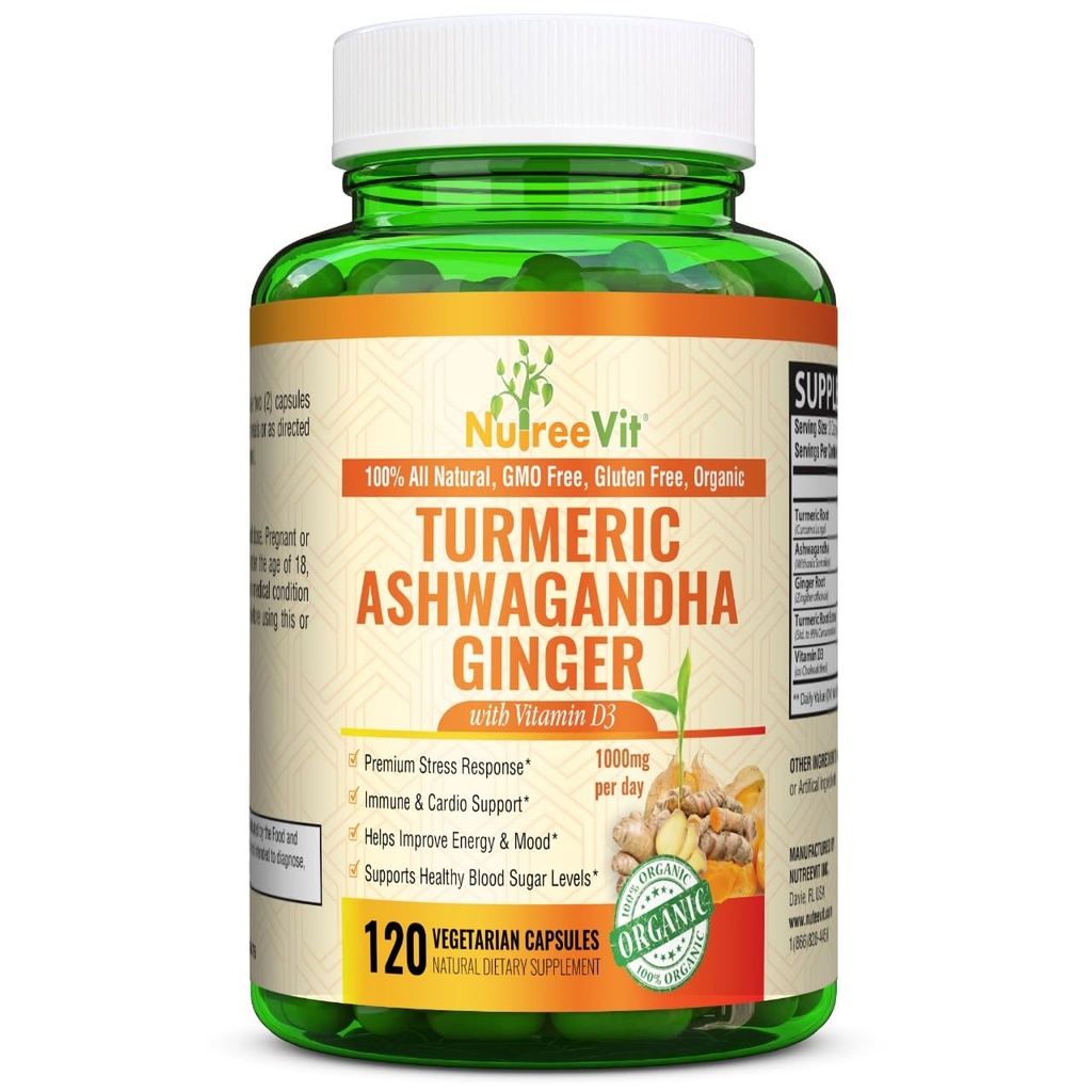 NutreeVit Organic Turmeric dengan Ashwagandha & Ginger - 120 Capsules 124; Ashwagandha Root & Turmeric Suplemen Vitamin D3 124; Herbal Suplemen untuk Jenderal Wellness