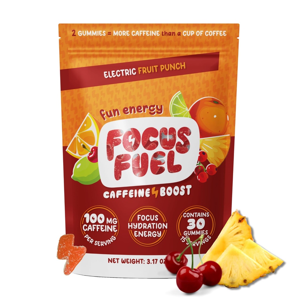 Mengunyah Energi Fokufuel - Fruit Punch Flavor (15 Pelayan) - 100mg Caffeine + L-Theanine + B12, Magnesium - Boost Focus & Energy - No Crash or Jitters