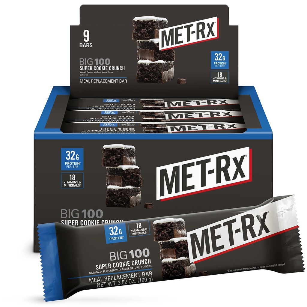 MET- Rx Besar 100 Protein Bar, Meal Pengganti Bar, 32G Protein, Super Cookie Crunch, 9 Bars (Paket 1)