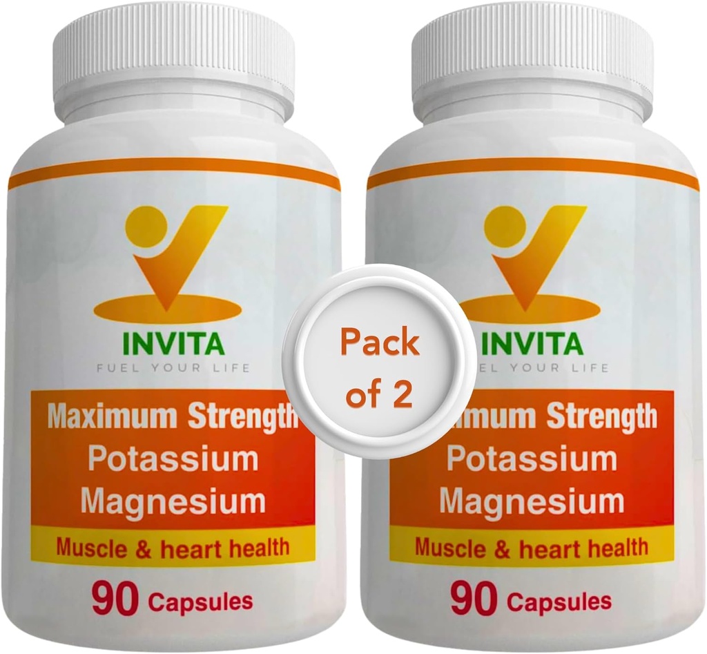 Invita Potasium Magnesium Suplemen (180 Capsules) Potasium Magnesium Kompleks Tinggi NGMO dengan Aspartate & Chloride - Pendukung Kardiovaskular, Muscles & Nerve Kesehatan - Non GMO & Gluten Bebas