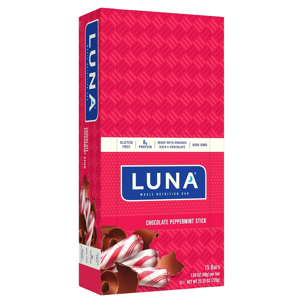 LUNA BAR-Gluten Free Snack Bars - Chocolate Peppermint Stick -8g protein - Non-GMO - Plant - Based Whelesome Snacking - On the Go Snacks (1.69 Ounce Snack Bars, 15 Count)