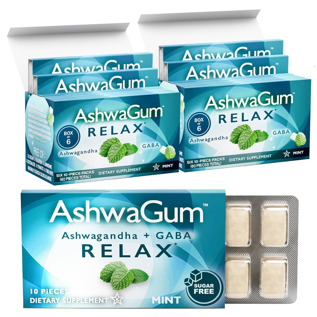 AshwaGum RELAX Gum oleh BetterGum, Pendukung Potensi Tinggi dengan KSM 66 Ashwagandha dan Gaba, Dukungan Stres dan Ketegangan Bantuan, Alternatif ke Gummies, Sugar- Bebas, Paket 2