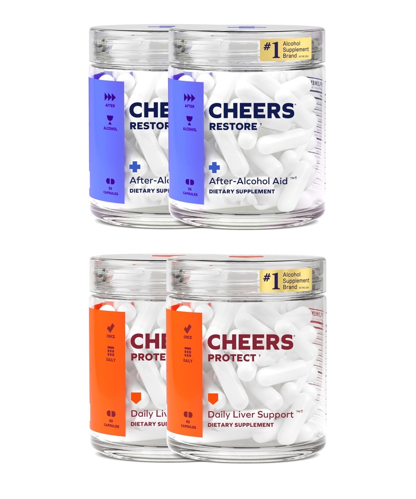 Cheers Liver Combo Com4; Restore + Protection Alaghters 124; Duver Anda & Feel Better After DH4; DHM, L-Cysteine, Milk Thistle, Prickly Pear, B-Viamins 124; 24 Doses Restore, 60 Doses Melindunginya 124; Suplemen