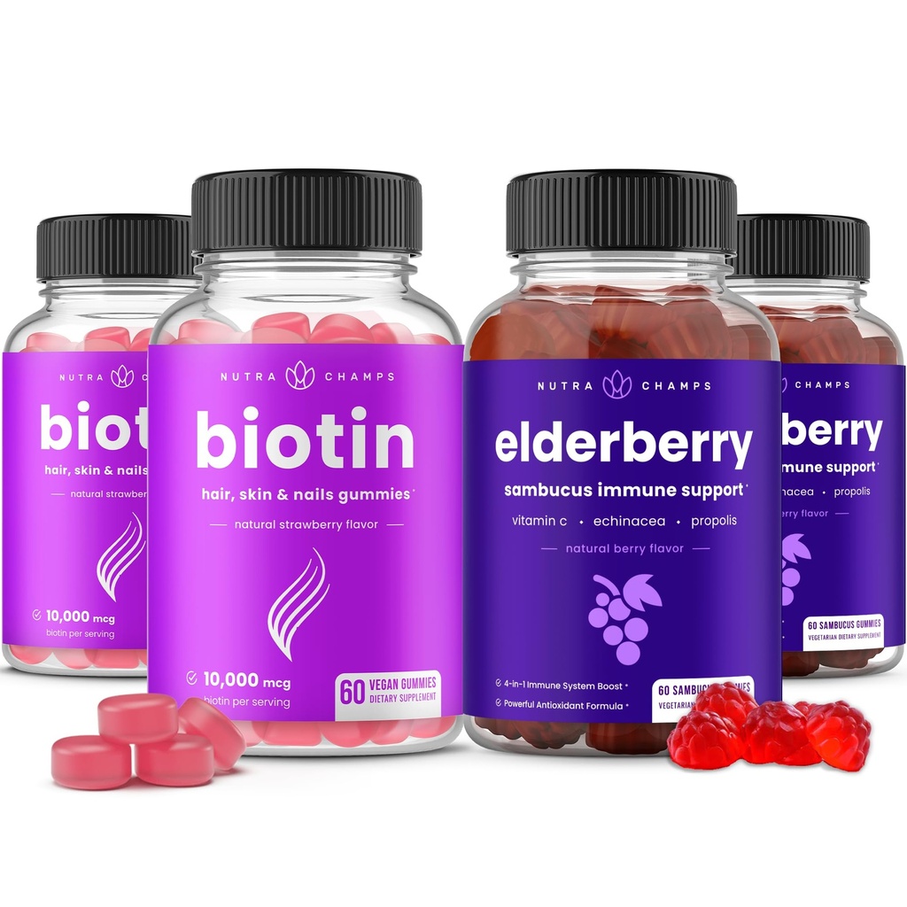 NutraChamps Biotin Gummies (2 Pack) dan Elderberry Gummies (2 Kemas) 4 Bungle