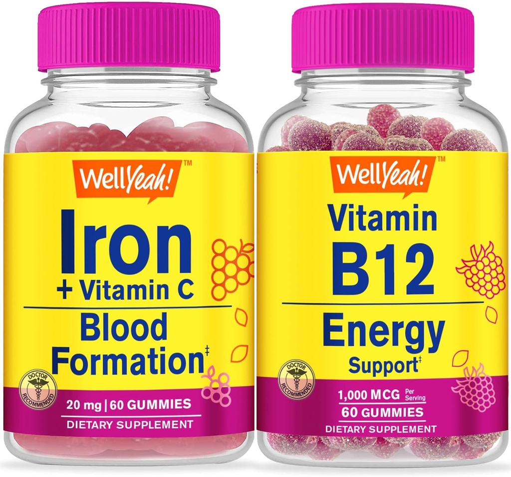 Yeah Iron + Vitamin C + Vitamin B12 10000mcg, Gummies Bundle - Great Tasting, Vitamin Suplemen, Gluten Bebas, GMO Bebas, Gummy Chewable