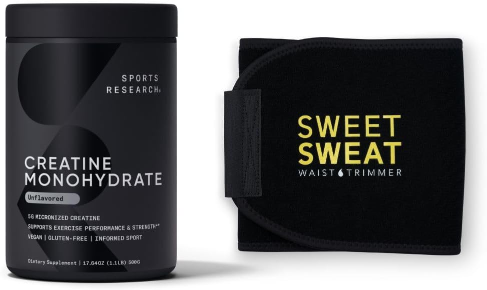 Sports Research Creatine Monohydrate and Sweet Sweat Waist Thrimmer - Black and Yellow (Large)