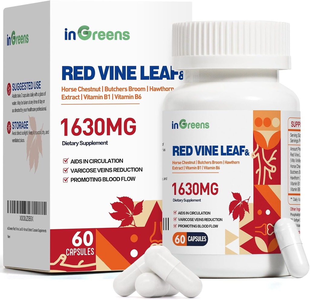 Red Vine Leaf Extract 1630mg with Horse Chestnut, Butcher 's Broom, Hawthorn Suplemen untuk Varicose Veins, Leg, Circulation, Heart, Skin, Dukungan untuk Heart Health, Dibuat di USA, 60 Kapsul