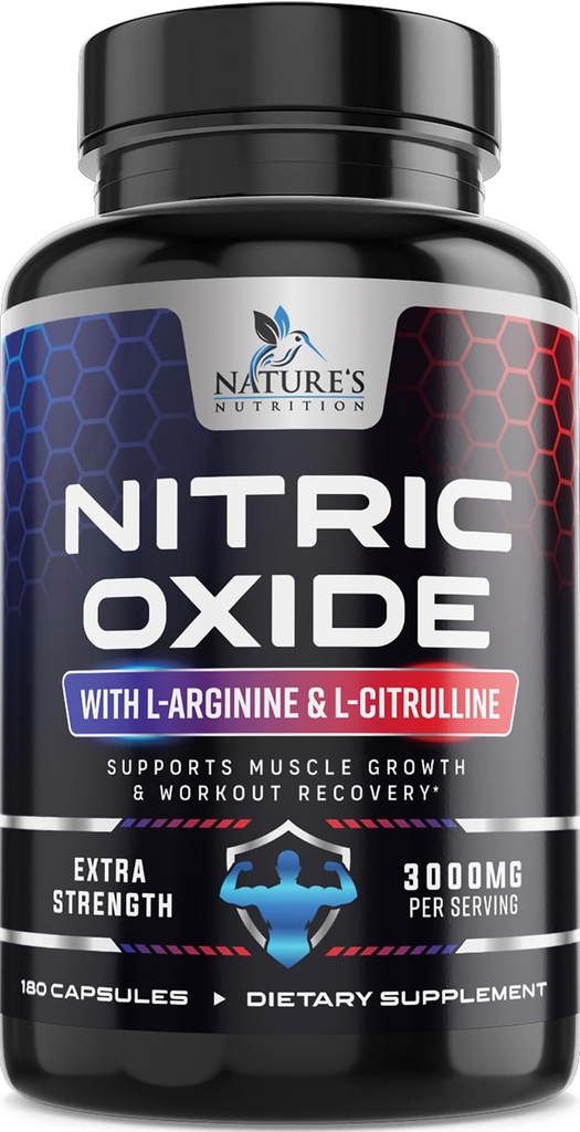 Nitric Oxide Booster Ekstra Kekuatan 3000mg - 3X Kekuatan L- Arginine & Citruline, Tambahan Nitric Oxide Terbaik untuk Pria, Supports Muscle, Heart Health Supplemen Energi, Botol di AS, 180 Capsules