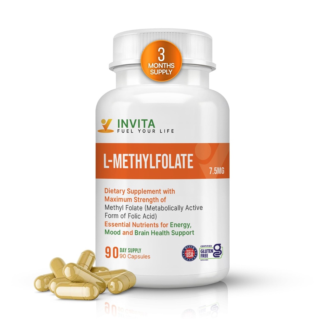 INVITA L- Methylfolat - Professional Power Active Methyl Floid - 5- MTHF Suplemen Energi, Mood & Imune Dukung - Non GMO, Gluten Free, No Fillers (7.5 Mg)