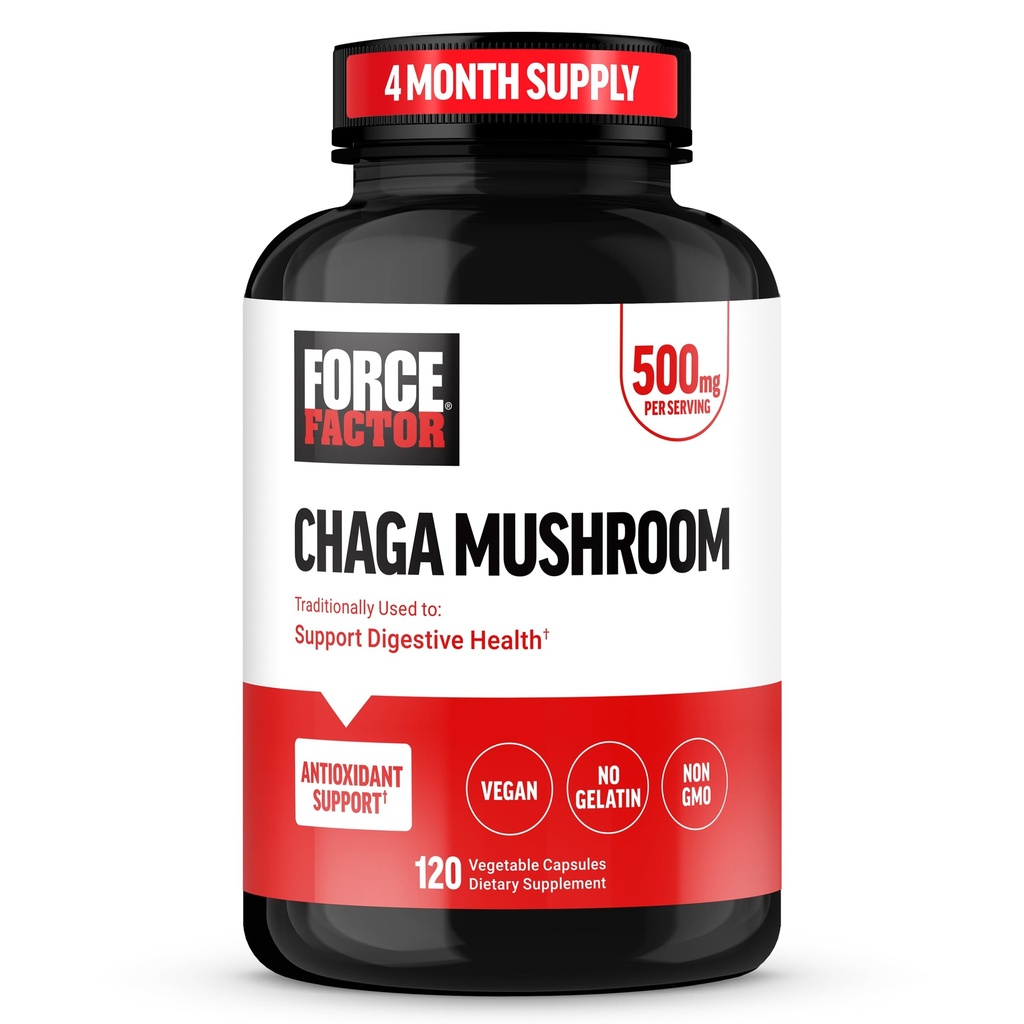 ForCE FacTOR Chaga Mushroom Capsules, Mushroom Suplemen untuk Mendukung Kesehatan Gut dan Ditraffic, Dibuat dari Jamur Nyata, Vegan, Non- GMO, 120 Capsules