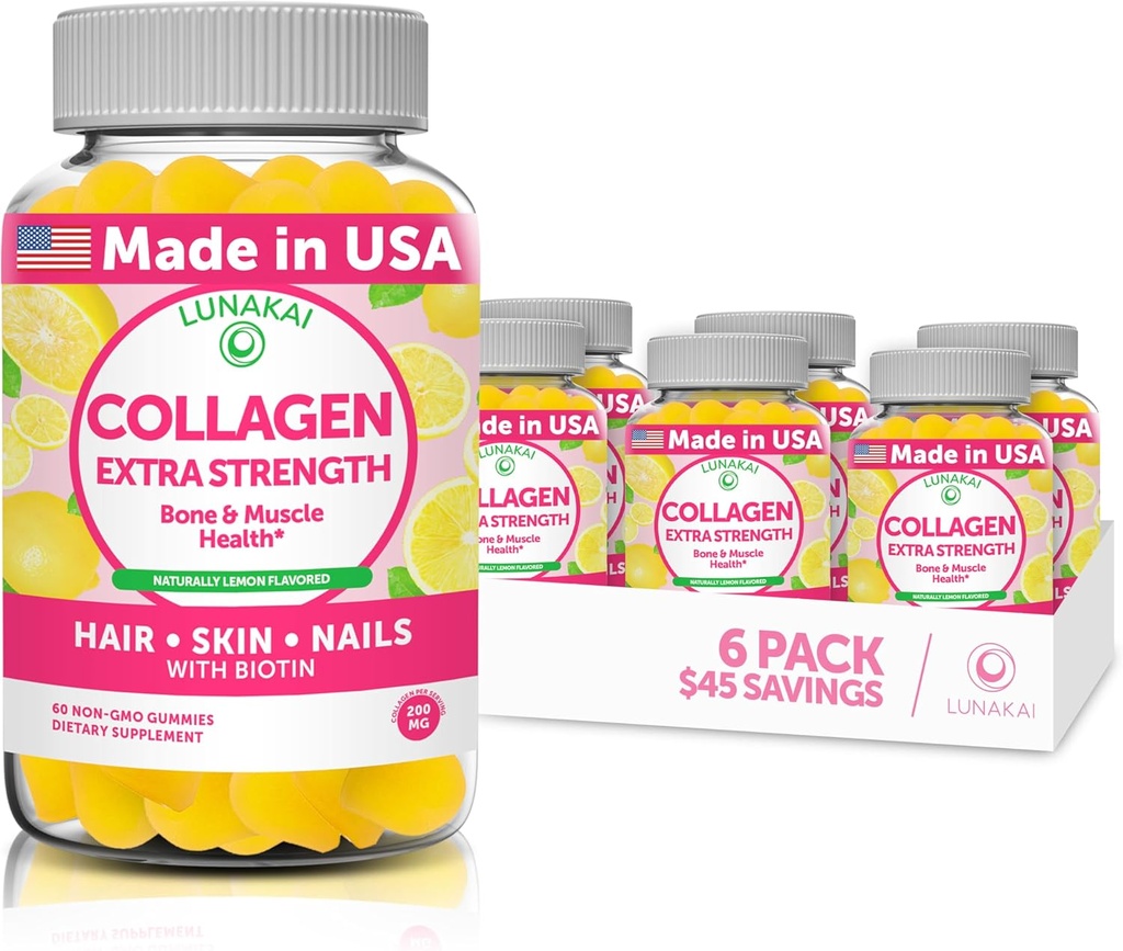 Lanakai Collagen Gummies - Terlezat Proprietary Formula Mula - 200mg Hydrolyzed Collagen Gummies untuk Perempuan dan Pria dengan Biotin, Zinc, Vitamin C dan E - Non-GMO Anti Aging Suplemen Perempuan - 6 Pack