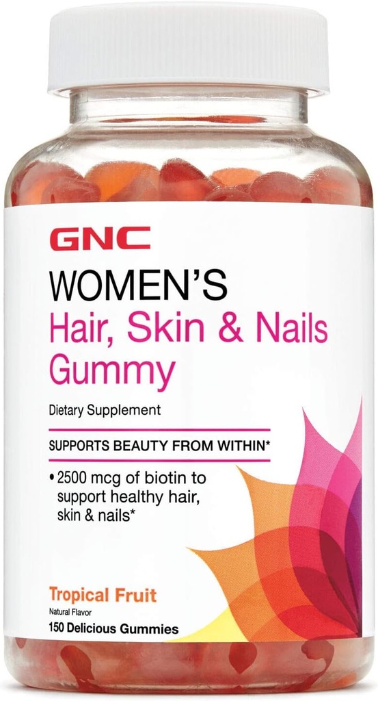 Rambut Wanita GNC, Skin & Nails Gummy - Tropical Fruit, 150 Gummies, Berisi Biotin untuk Rambut Kuat dan Sehat, Kulit dan Sapi