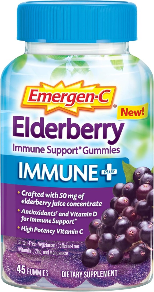 Emergen- C Imune + Elderberry Gummies, 750 mg Vitamin C dengan Vitamin D, Zinc dan Electrolites, Imune Dukungan Dieter Supplemen, Caffeine Bebas, Gluten, Elderberry Flavor - 45 Count