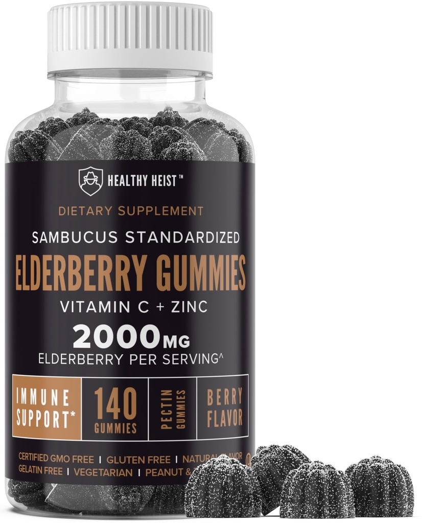 Sambucus Black Elderberry Gummies dengan Zinc dan Vitamin C, 140 Gummies, Dukungan Ammune Chewable untuk Dewata dan Anak-anak, Non GMO, Kosher, Pectin, Vegan, Delicious Berry Flavor