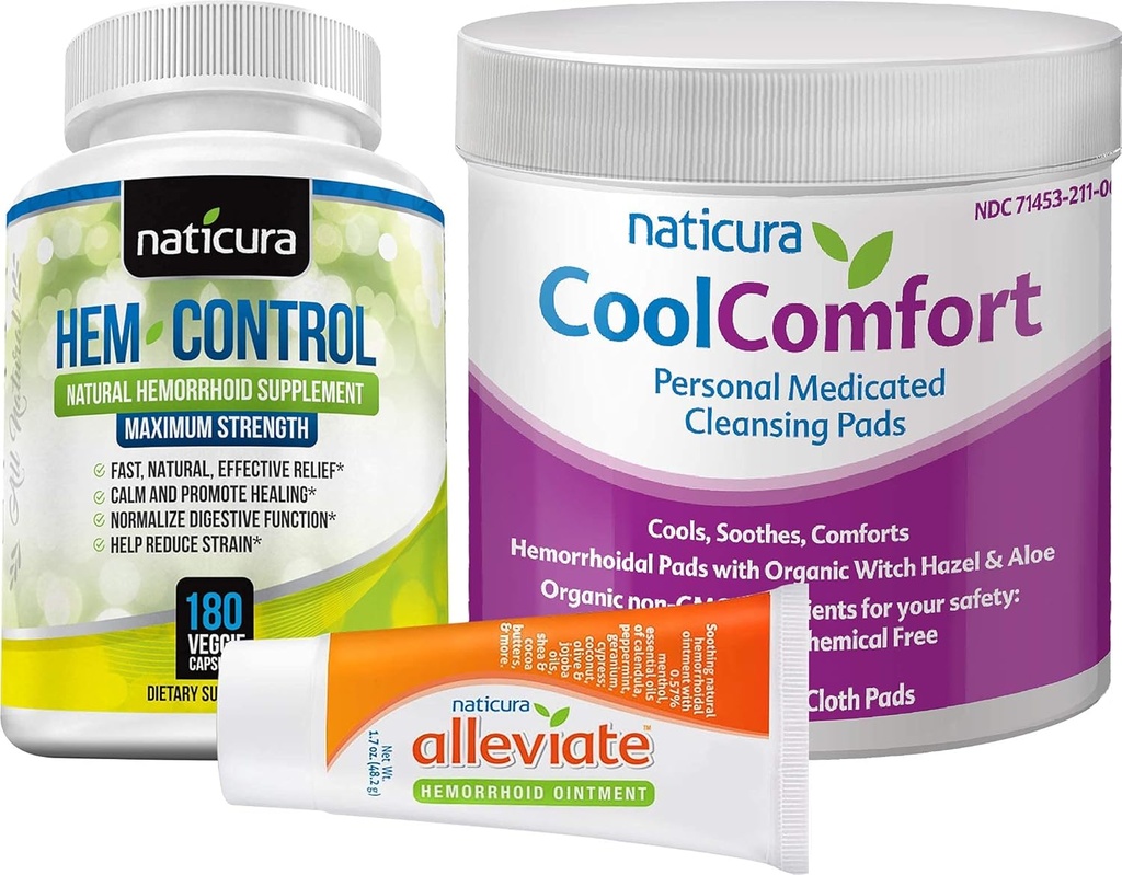 Bundle - Alleviate Natural Hebripoid Relief Oquest, Hem-Control Natural Heembehoid Suplement (180 Count), and CoolComfort Personal Cleansing Pads (100 Count)