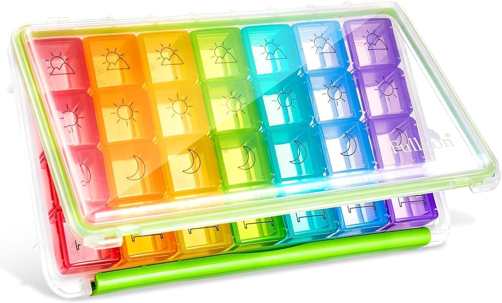 Fullicon Weekly Pill Organizer 4 kali sehari, Pill Box 7 Day for Travel, Moisture- Providence Daily Pill Box Organizer, Large Pill Case for Medicine, Vitamin, Fish Oil, and Supplemen (Clear and Green)
