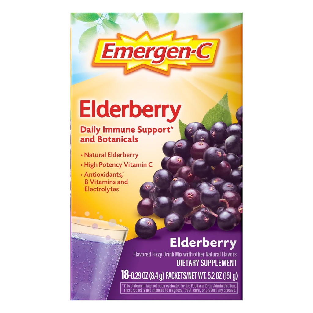 Emergen- C Elderberry Fizzy Minum Mix, Elderberry Imune Dukungan, Natural Flavors, Dengan Potency Tinggi Vitamin C, 18 Cacah