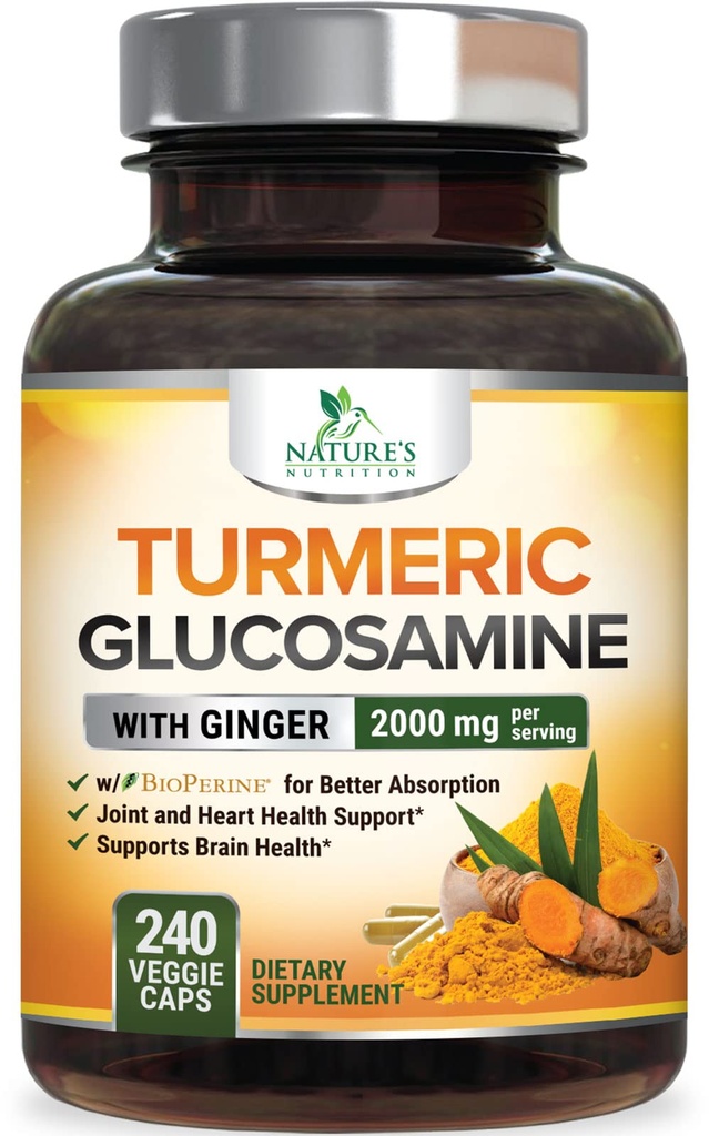 Suplemen Curcumin Turmeric 2000mg - 95% Curcuminoid dengan Glucosamine, Ginger & MSM, BioPerine Black Pepper untuk Absorpsi Terbaik, Dukungan Bersama Vegan Alam, Non-GMO, Botol di Amerika Serikat - 240 Capsules