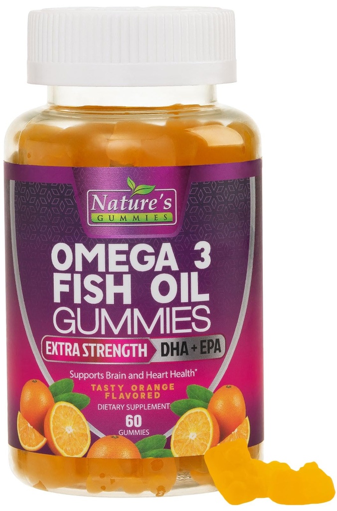 Omega 3 Iil Gummies, Heart Heally Omega 3 Gummy Supplement with High Absorpsi DHA & EPA, Ekstra Kekuatan Gabungan & Brain, Delicious Orange Flavor Oil Nature Vitamin - 60 Gummies