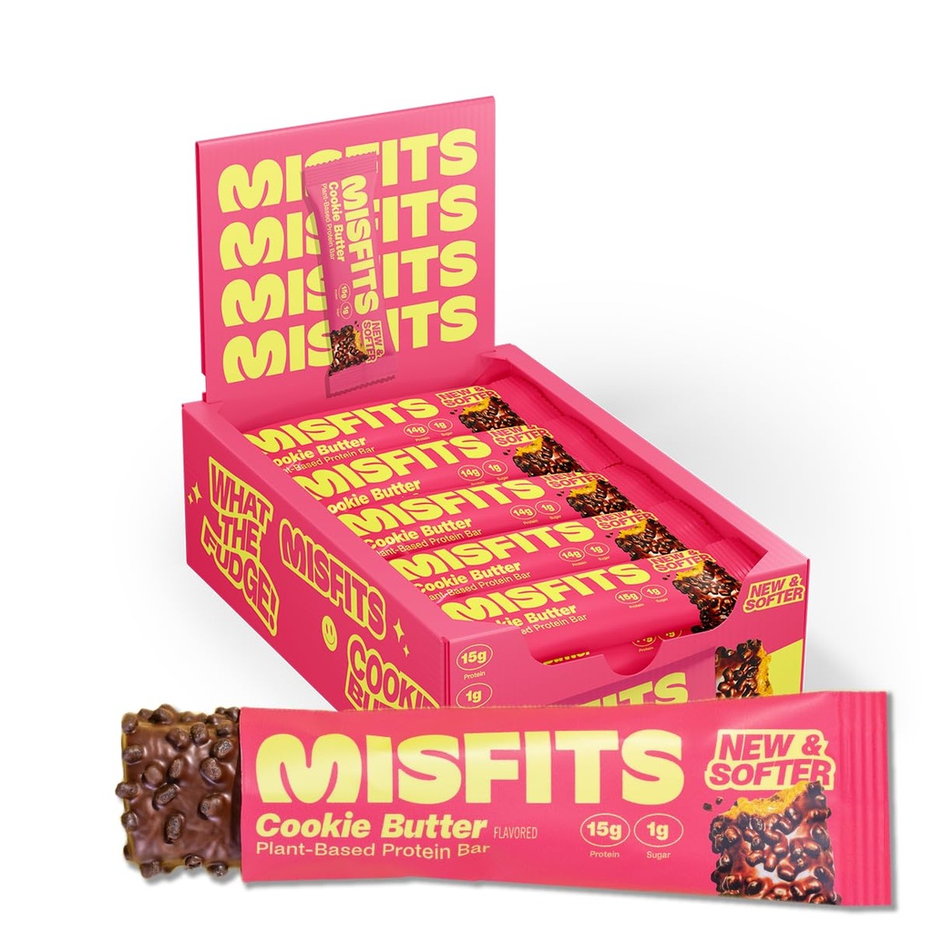 Misfits Vegan Protein Bars, Cookie Butter - Updated Recipe 124; Plant Based, Low Sugar & Carb, High Fiber Snacks 124; Pack of 15