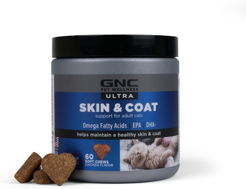 GNC Pets Ultra Skin & Coat Soft Chews, Chicken Flavor Cat Vitamin, Anti Shedding Suplemen untuk Kucing dengan Kulit kering, Perawatan dan Bantuan Dandruff, 60 Count