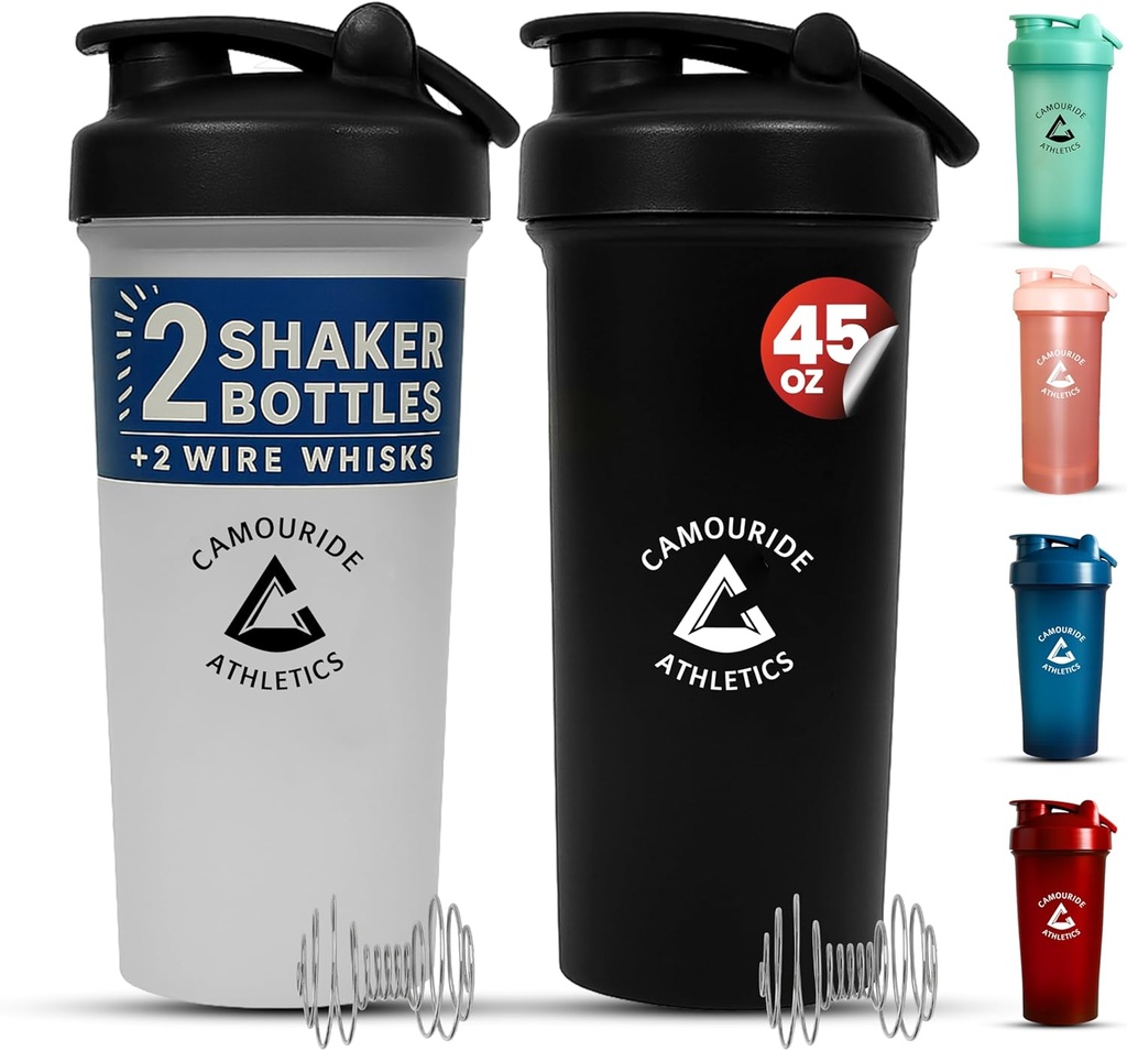 2 Kemasan 45 oz Protein Shake Bottle dengan Wire Whilk - BPA-Free, Leaks-ProviceShaker Cups untuk Protein Shakes & Smoothies - Large Mixer Bottle - Classic White & Midnight Black
