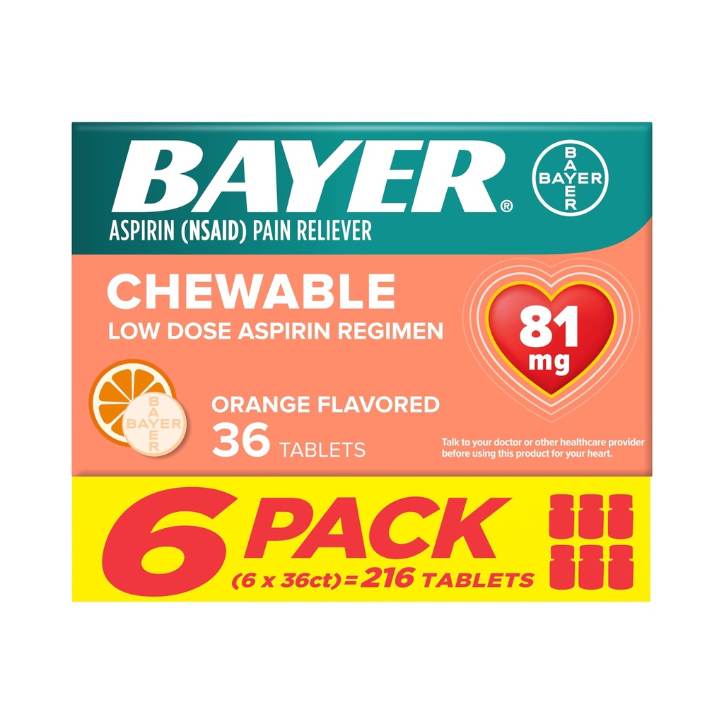 Bayer Aspirin Low Dose 81 mg Pablets Chewable, Pain Reliever, Orange Flavored, 216 Tablet (6 Pack)