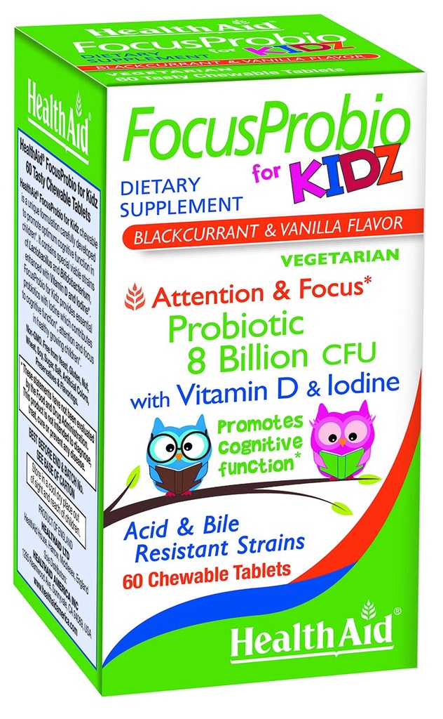 FokusProbio untuk Kidz, 60 Tablet Chewable, Mendukung Fungsi Kognitif untuk Perhatian dan Fokus. Blackcurrant dan Vanilla Flavor, mengandung Vitamin D & Iodin. Asam & Bile Resistant Strains. Vegetarian