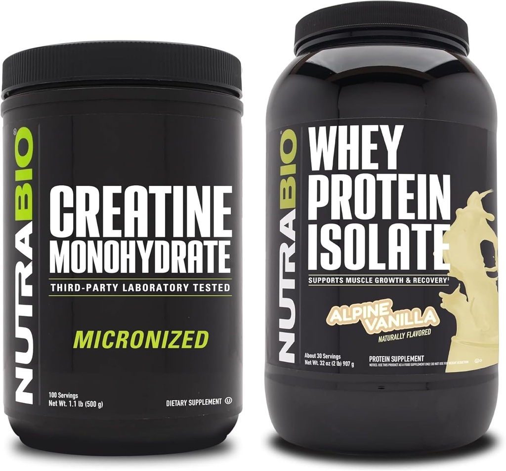 NutraBio Creatine Monohydrate, Unfeatored, 500g dan Whey Protein Isolate, Alpine Vanilla, Tambahan Bundle - Muscle Energy, Lean Muscle Growth, Recovery, and Power
