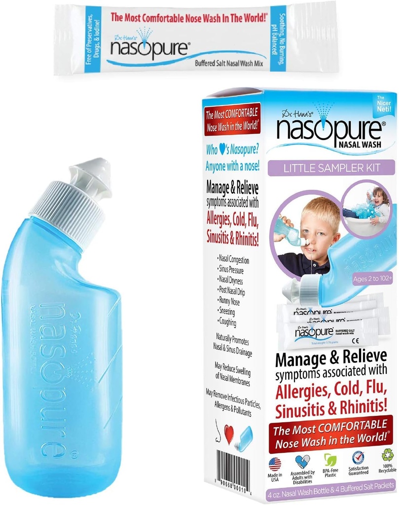 Nasopure Nasal Wash, Little Sampler Kit, "The Niser Neti Pot" Sinus Wash Kit, Comfortable Nasal Rinse 4 Oz Bottle & 4 Garam Paket (3.75 Gr Masing-masing), Nasal Contrable, Cold, Allergy, Nasal Irrigation