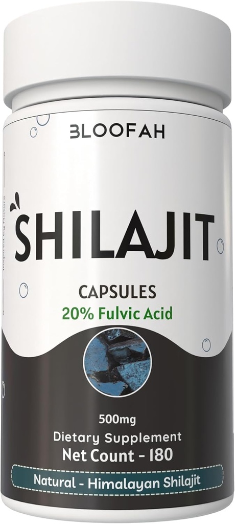 Bloomah Shilajit Capsules 500mg 124; 20% Extract Fulvic Acid 124; Natural Shilajit powder (Asphatum) None-GMO, Gluten- Free 124; Premium Wellness Suplemen Harian (180 Cacah 1)