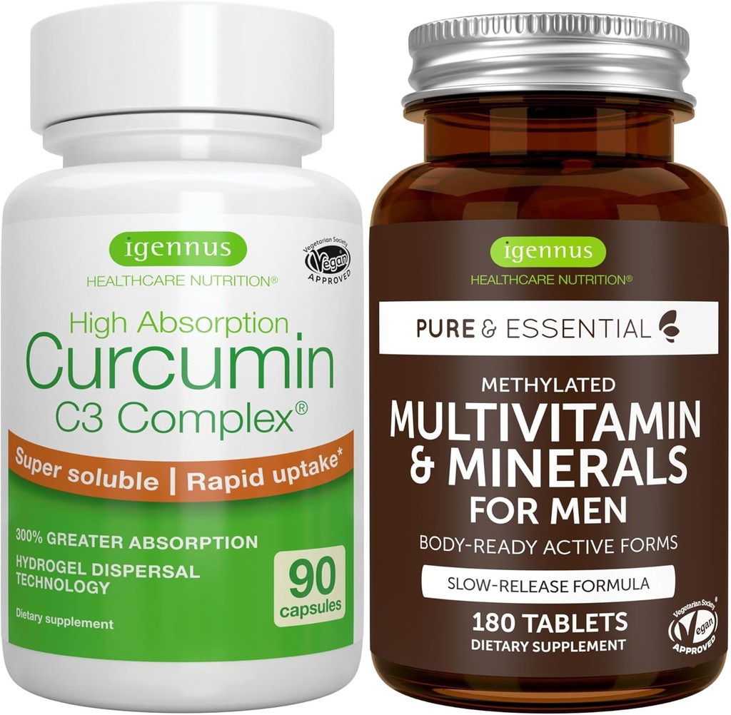 Multivitamin & Mineteria untuk Curcumin C3 Curcumin Tinggi dan C3 Bundle, Pelepasan Multivitamin Lanjutan + 300% Cuscuminoid Greater dengan Rapid Uptake, oleh Igennus